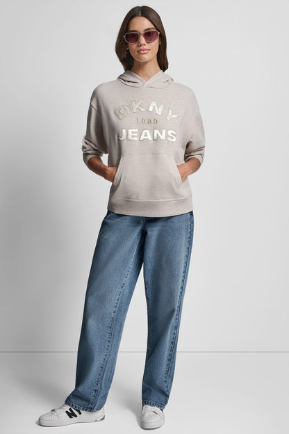 DKNY JEANS SATIN APPLIQUE CHAINSTITCH LOGO SWEATSHIRT