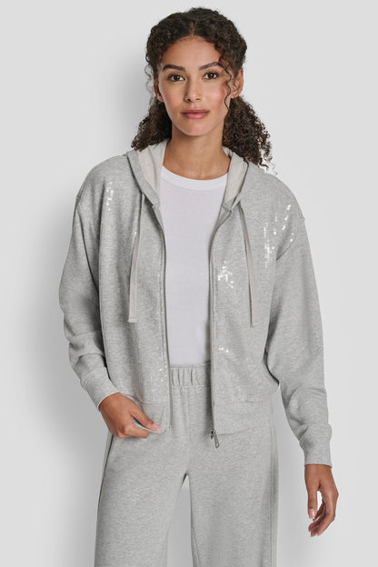 SEQUIN ZIP FRONT HOODIE