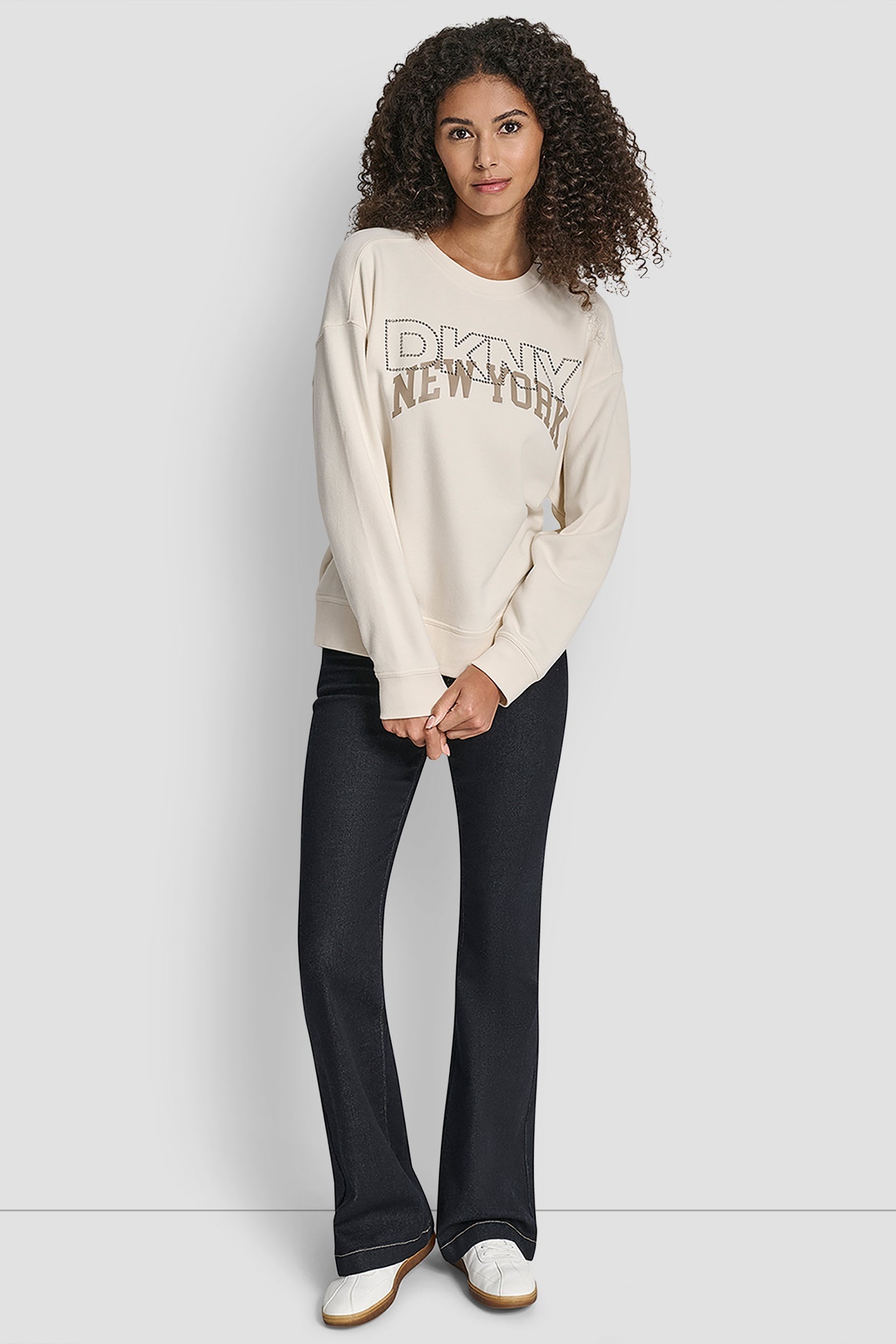 DKNY OUTLINE RHINESTONE NY PRINTED LOGO CREW NECK SWEATSHIRT