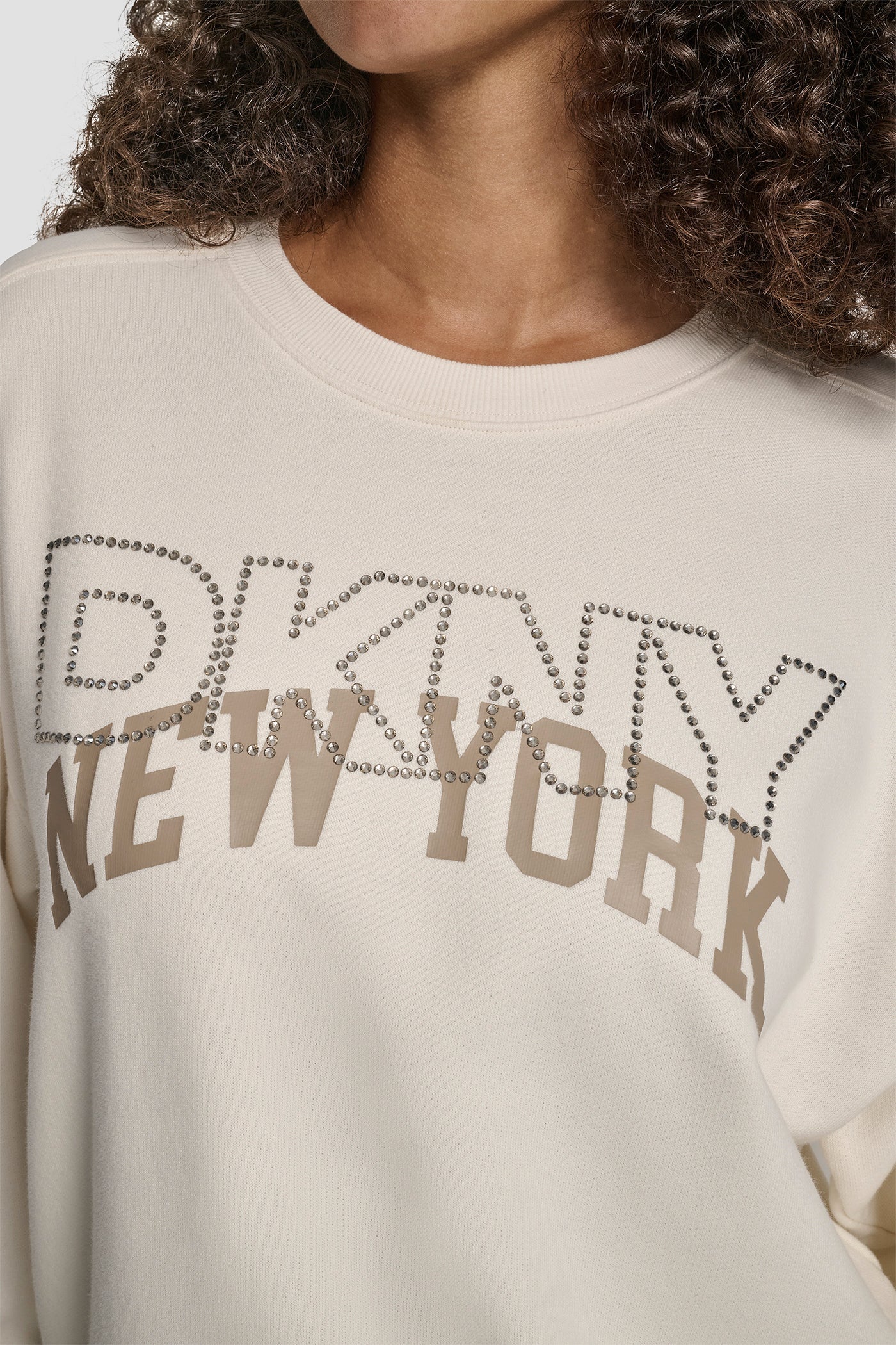 DKNY OUTLINE RHINESTONE NY PRINTED LOGO CREW NECK SWEATSHIRT