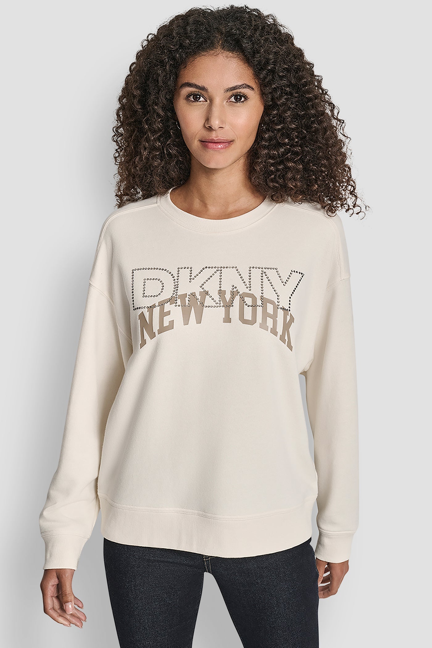 DKNY OUTLINE RHINESTONE NY PRINTED LOGO CREW NECK SWEATSHIRT