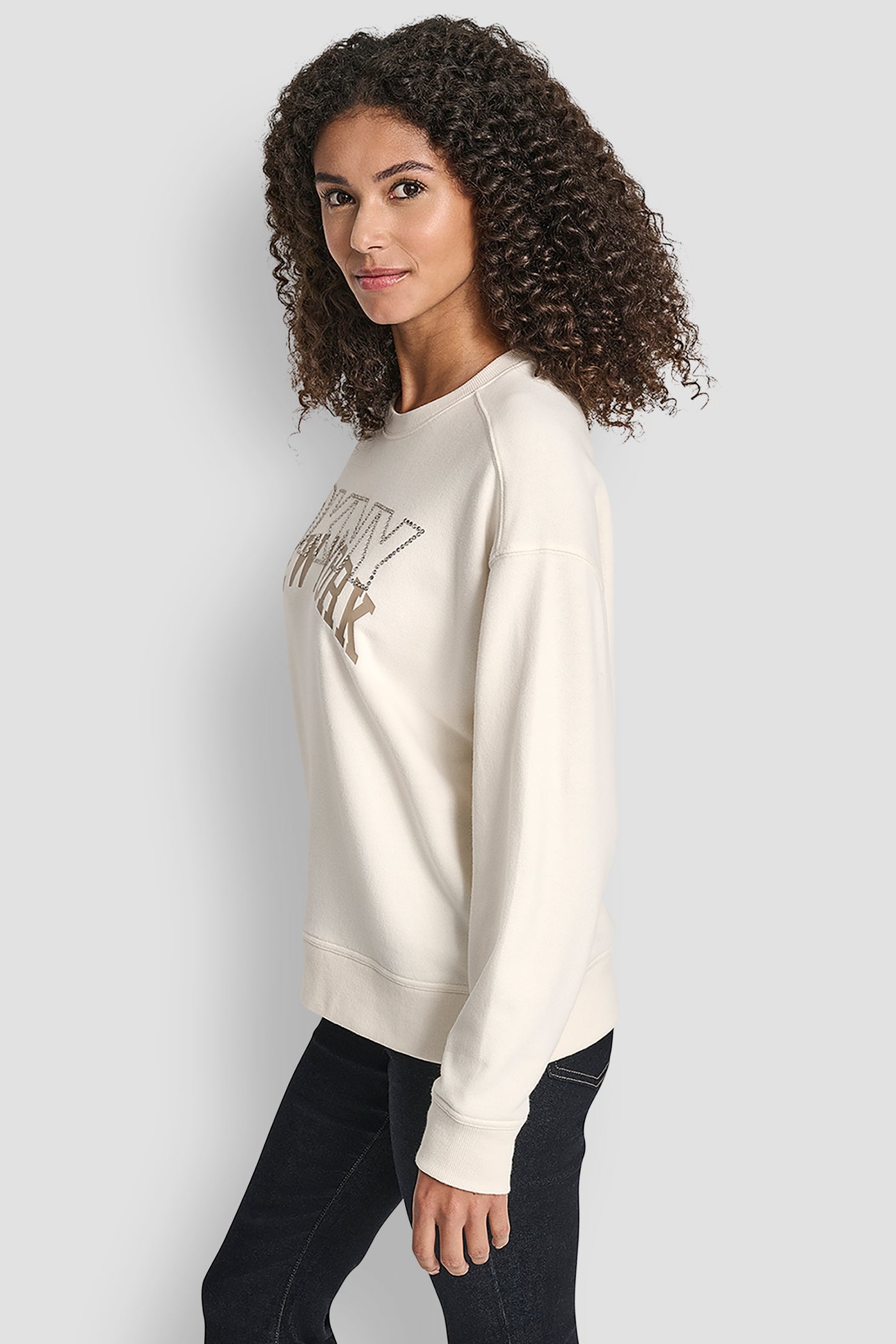 DKNY OUTLINE RHINESTONE NY PRINTED LOGO CREW NECK SWEATSHIRT