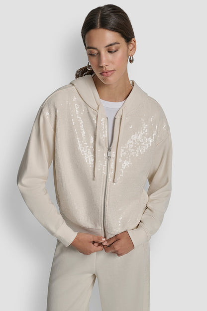 SEQUIN ZIP FRONT HOODIE