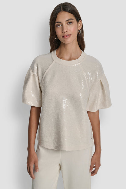 SEQUIN PUFF SLEEVE SWEATER