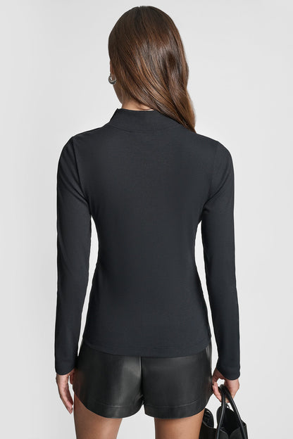 JEWEL BUTTON SHOULDER MOCK NECK LONG SLEEVE TEE