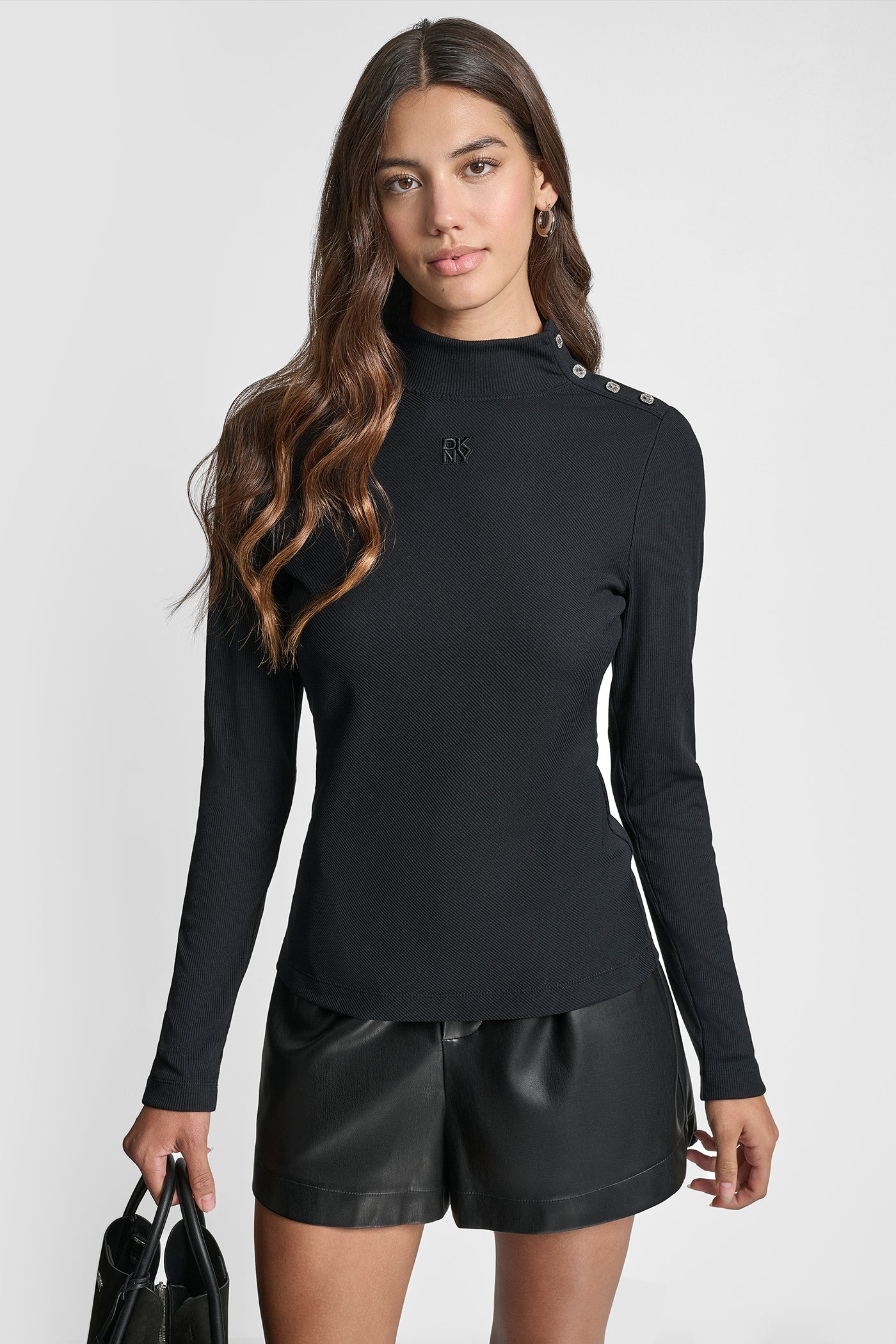 JEWEL BUTTON SHOULDER MOCK NECK LONG SLEEVE TEE