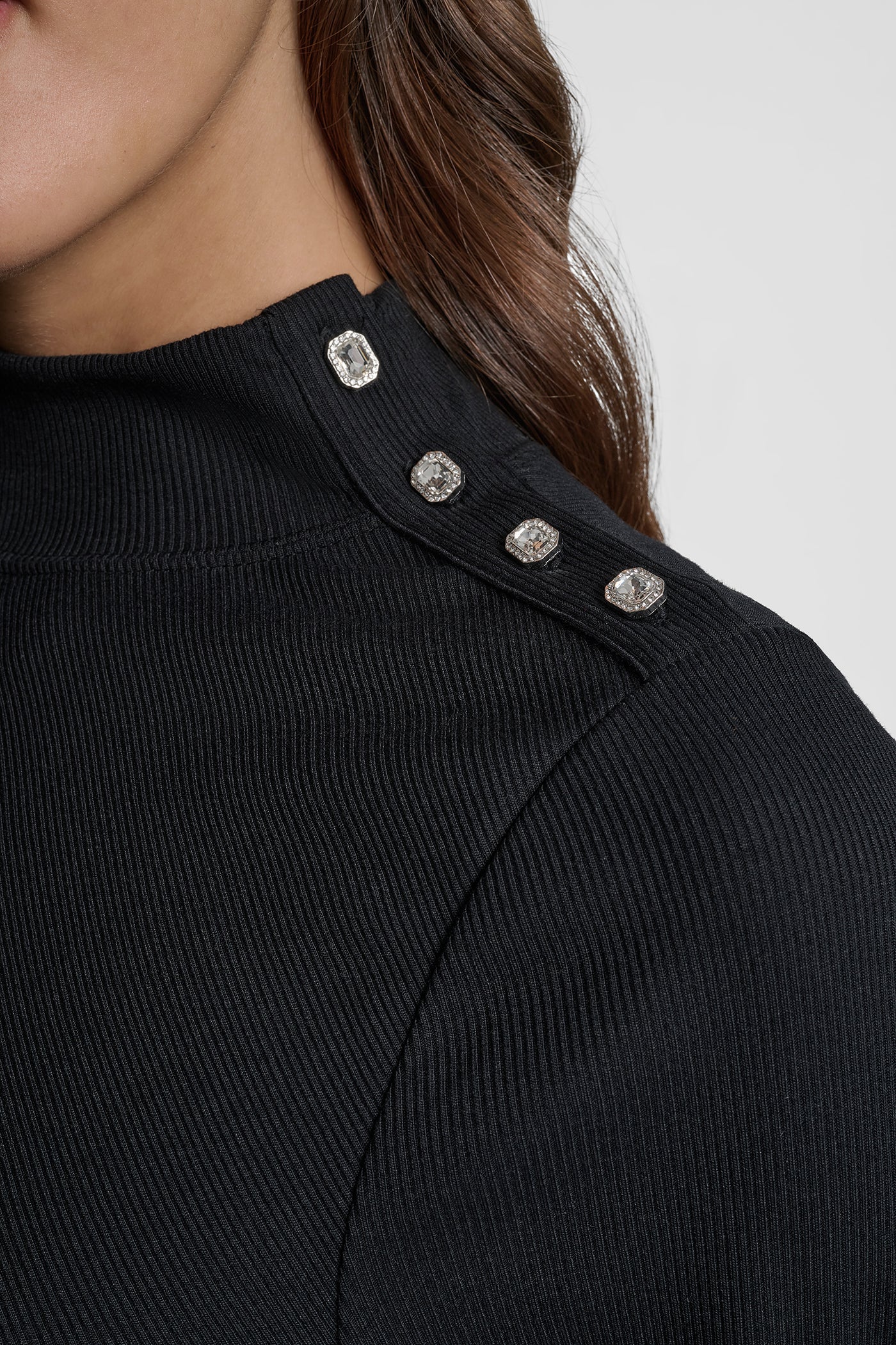 JEWEL BUTTON SHOULDER MOCK NECK LONG SLEEVE TEE