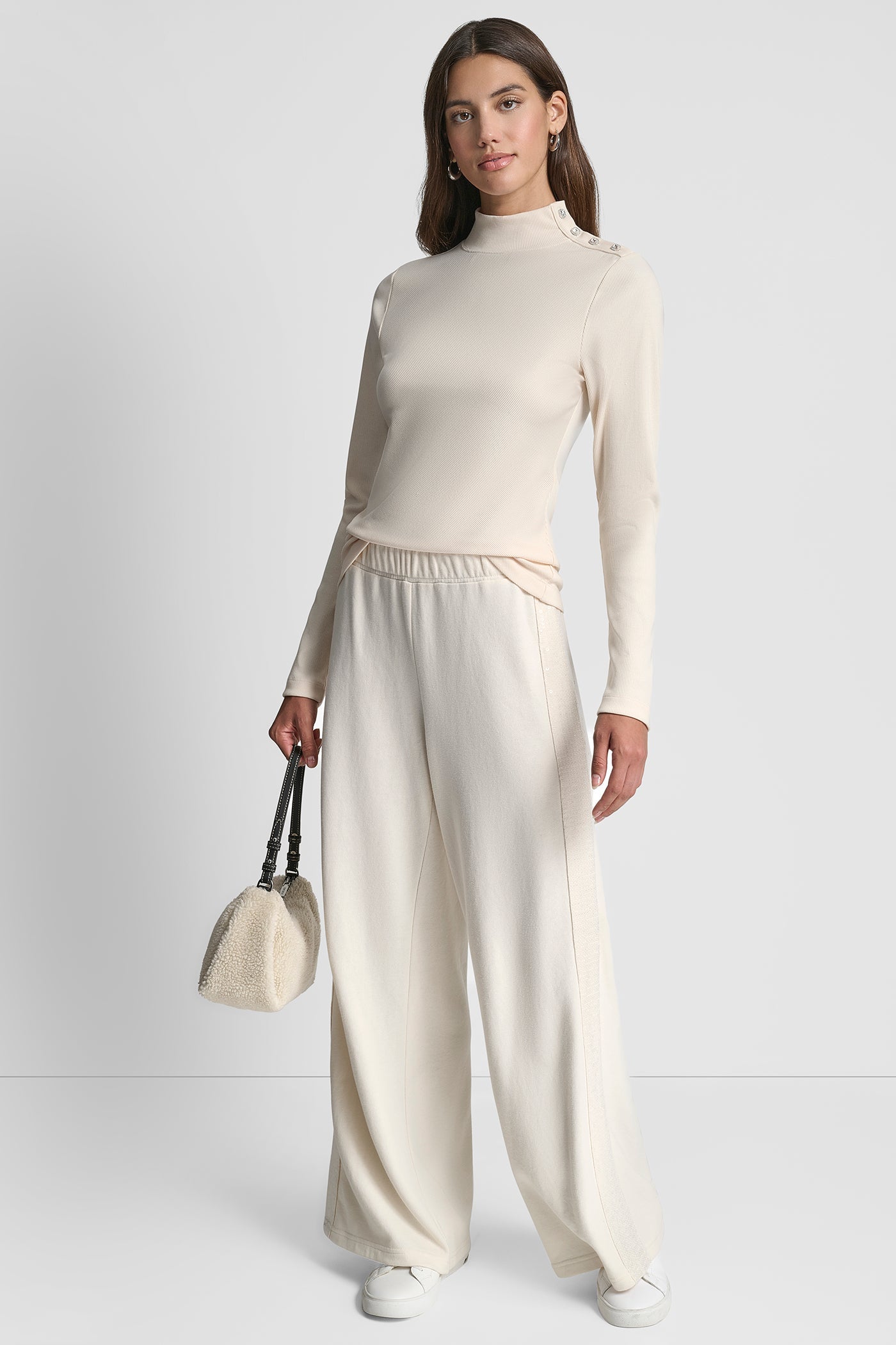 JEWEL BUTTON SHOULDER MOCK NECK LONG SLEEVE TEE