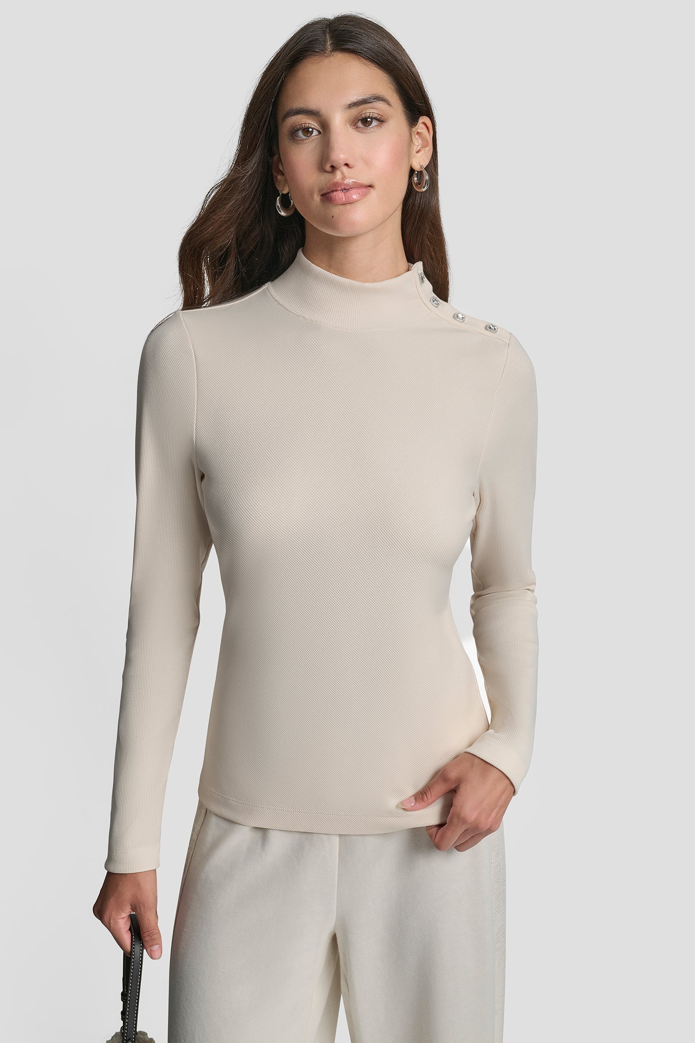JEWEL BUTTON SHOULDER MOCK NECK LONG SLEEVE TEE