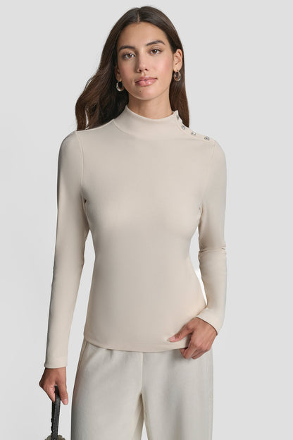 JEWEL BUTTON SHOULDER MOCK NECK LONG SLEEVE TEE