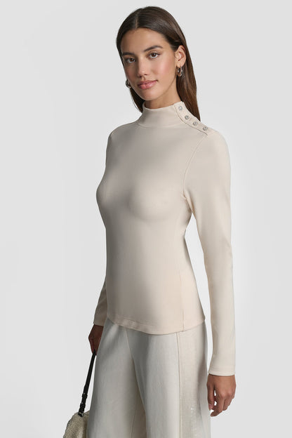 JEWEL BUTTON SHOULDER MOCK NECK LONG SLEEVE TEE