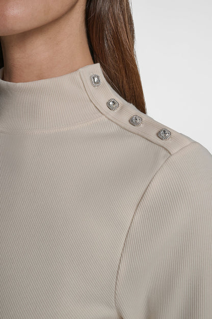 JEWEL BUTTON SHOULDER MOCK NECK LONG SLEEVE TEE