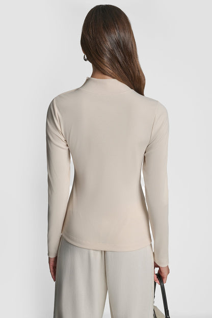 JEWEL BUTTON SHOULDER MOCK NECK LONG SLEEVE TEE