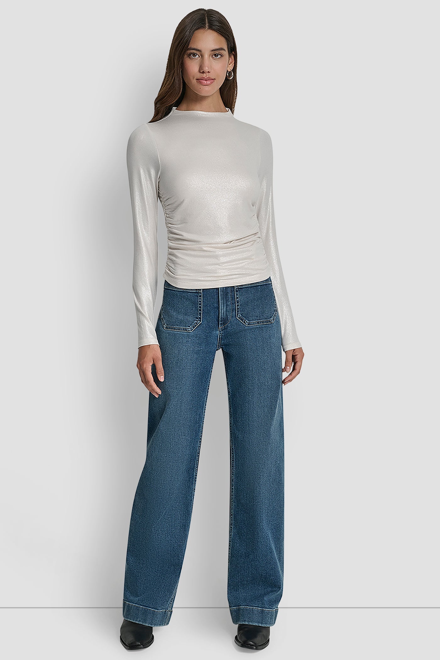SIDE RUCHED HIGH NECK LONG SLEEVE TOP