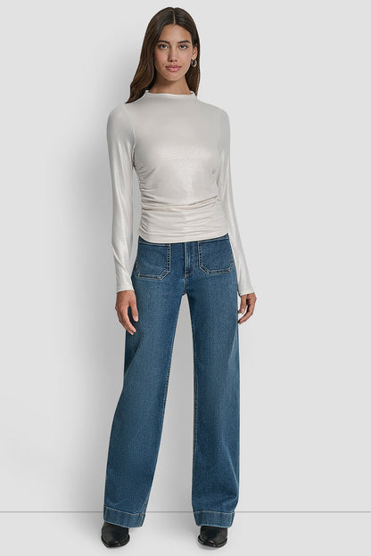 SIDE RUCHED HIGH NECK LONG SLEEVE TOP
