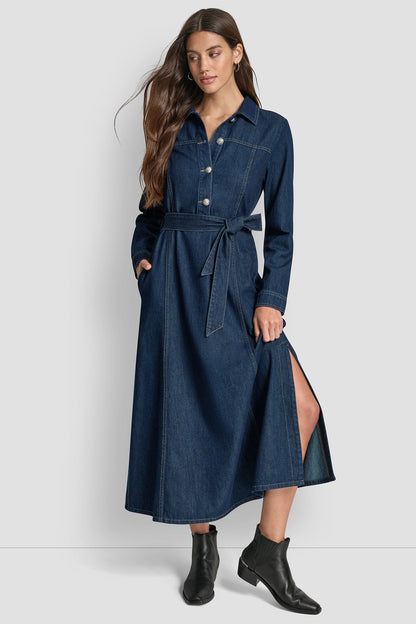 SELF BELT MAXI DRESS WITH SIDE SLITS
