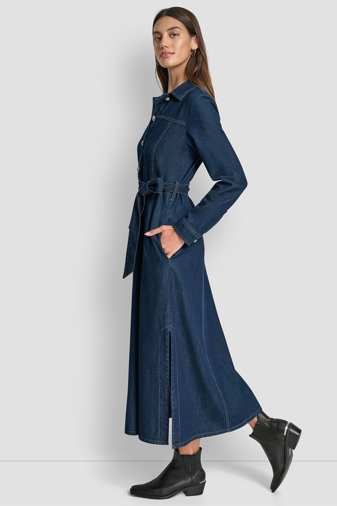 SELF BELT MAXI DRESS WITH SIDE SLITS