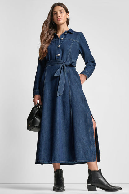 SELF BELT MAXI DRESS WITH SIDE SLITS