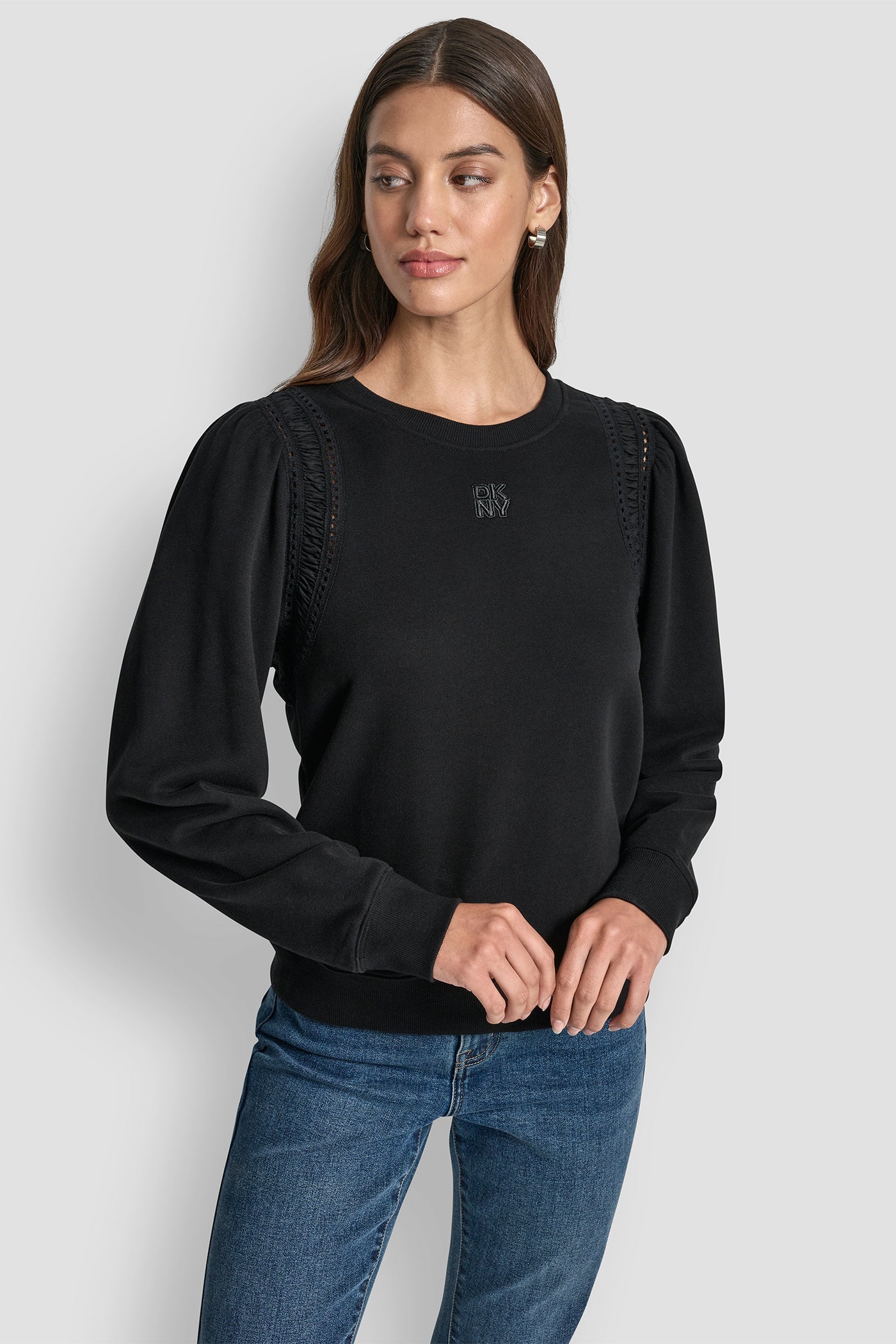 LACE DETAIL PUFF SLEEVE SWEATSHIRT