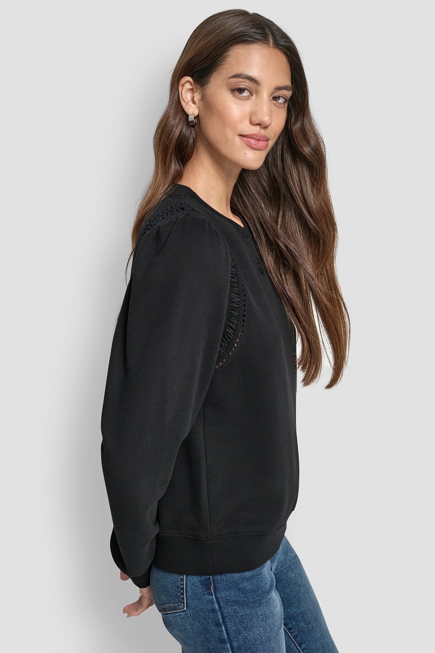 LACE DETAIL PUFF SLEEVE SWEATSHIRT