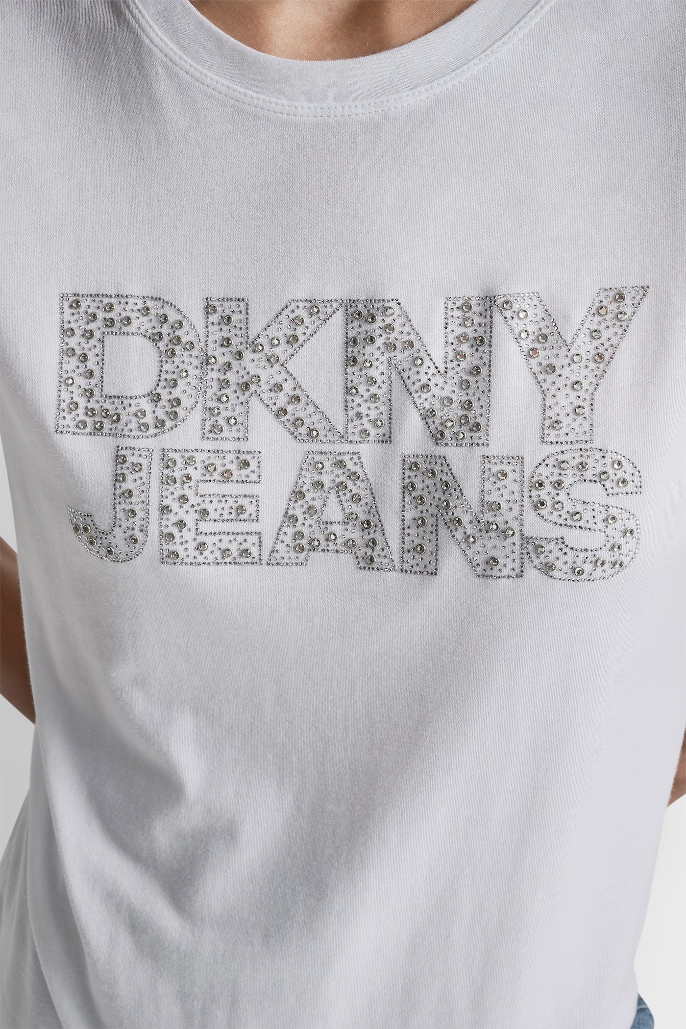 DKNY JEANS STACKED MINI RHINESTONE LOGO CREW NECK