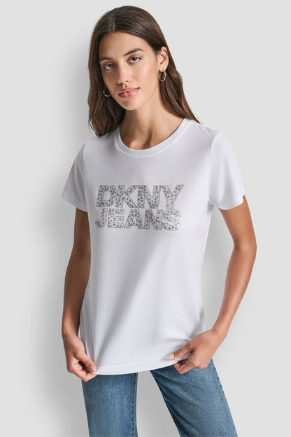 DKNY JEANS STACKED MINI RHINESTONE LOGO CREW NECK