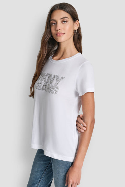 DKNY JEANS STACKED MINI RHINESTONE LOGO CREW NECK