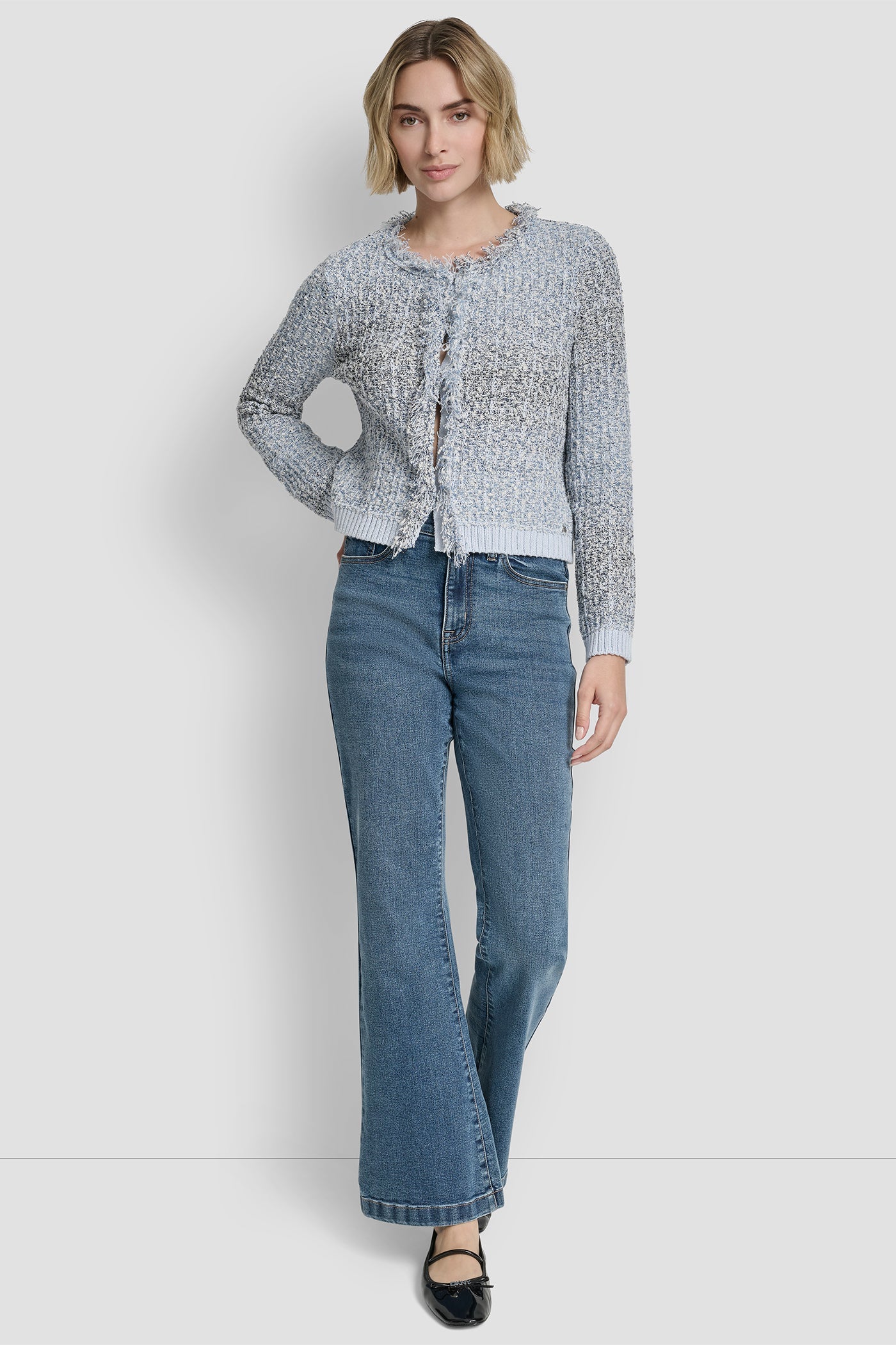 ZIP FRONT TWEED FRINGE SWEATER JACKET
