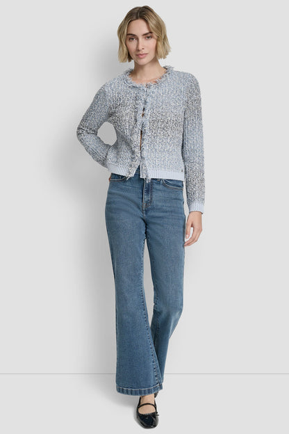 ZIP FRONT TWEED FRINGE SWEATER JACKET