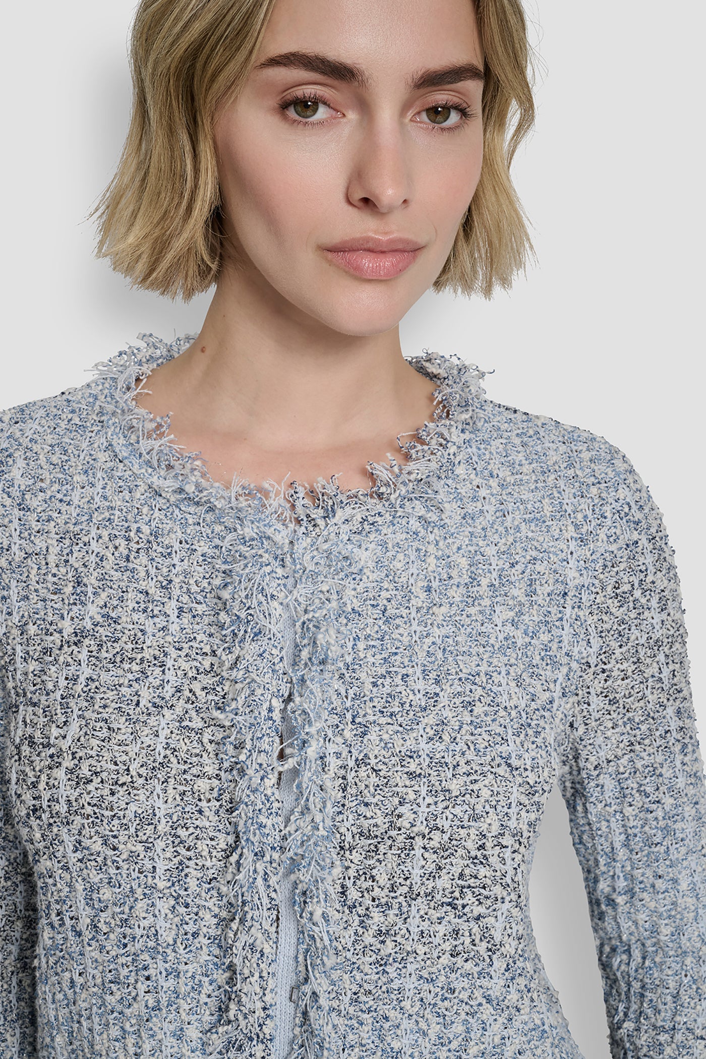 ZIP FRONT TWEED FRINGE SWEATER JACKET