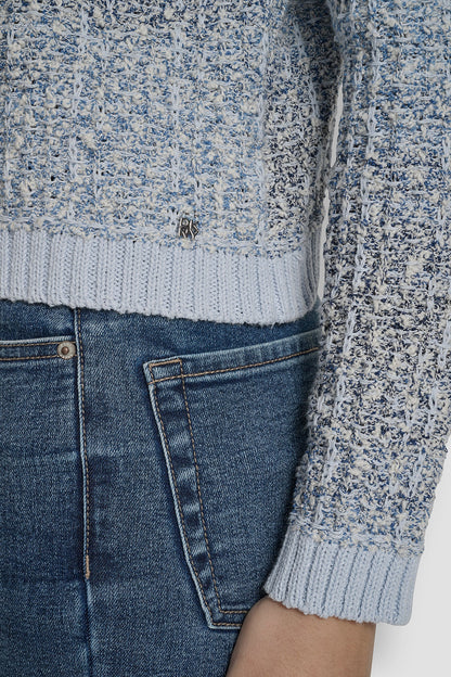 ZIP FRONT TWEED FRINGE SWEATER JACKET