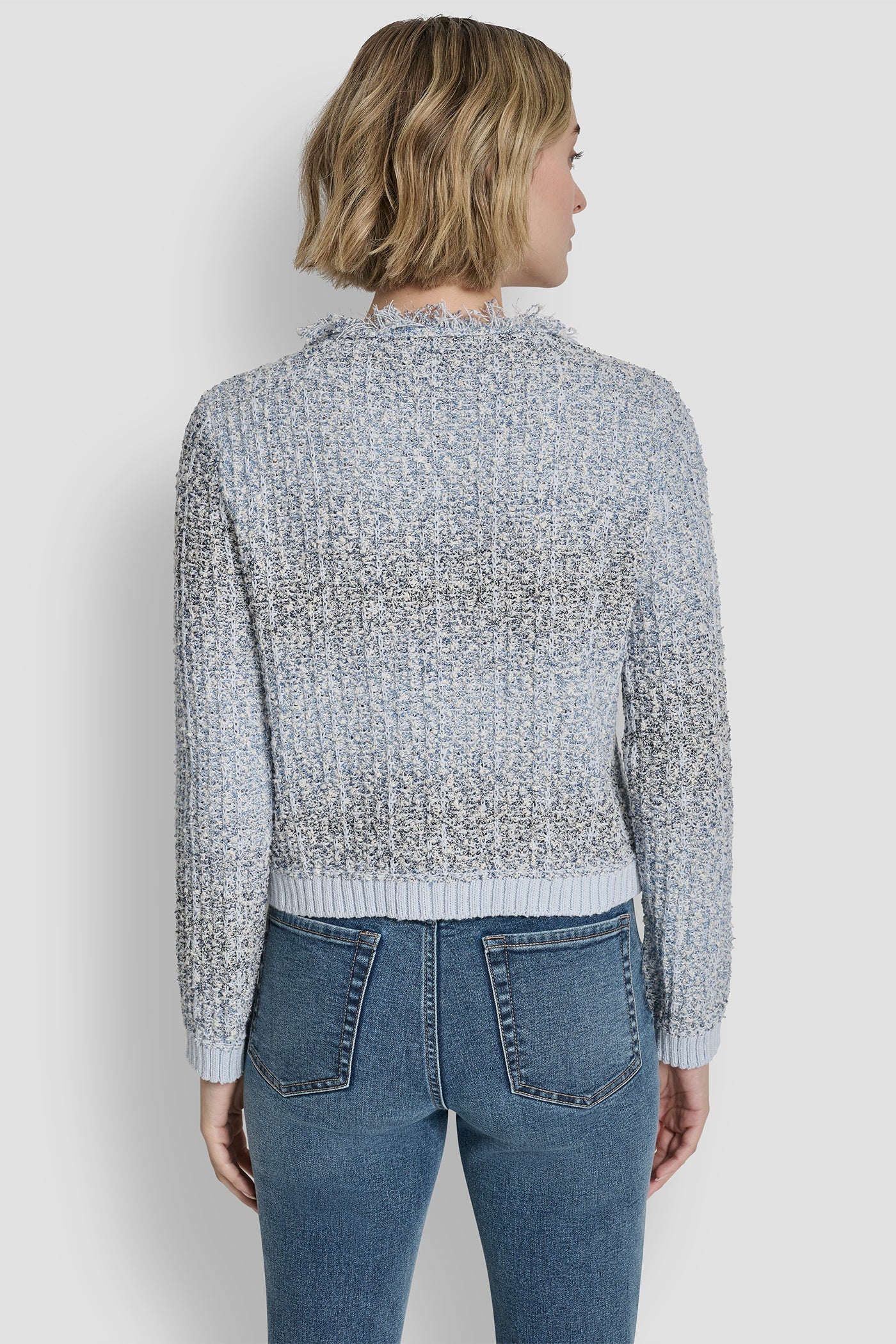 ZIP FRONT TWEED FRINGE SWEATER JACKET