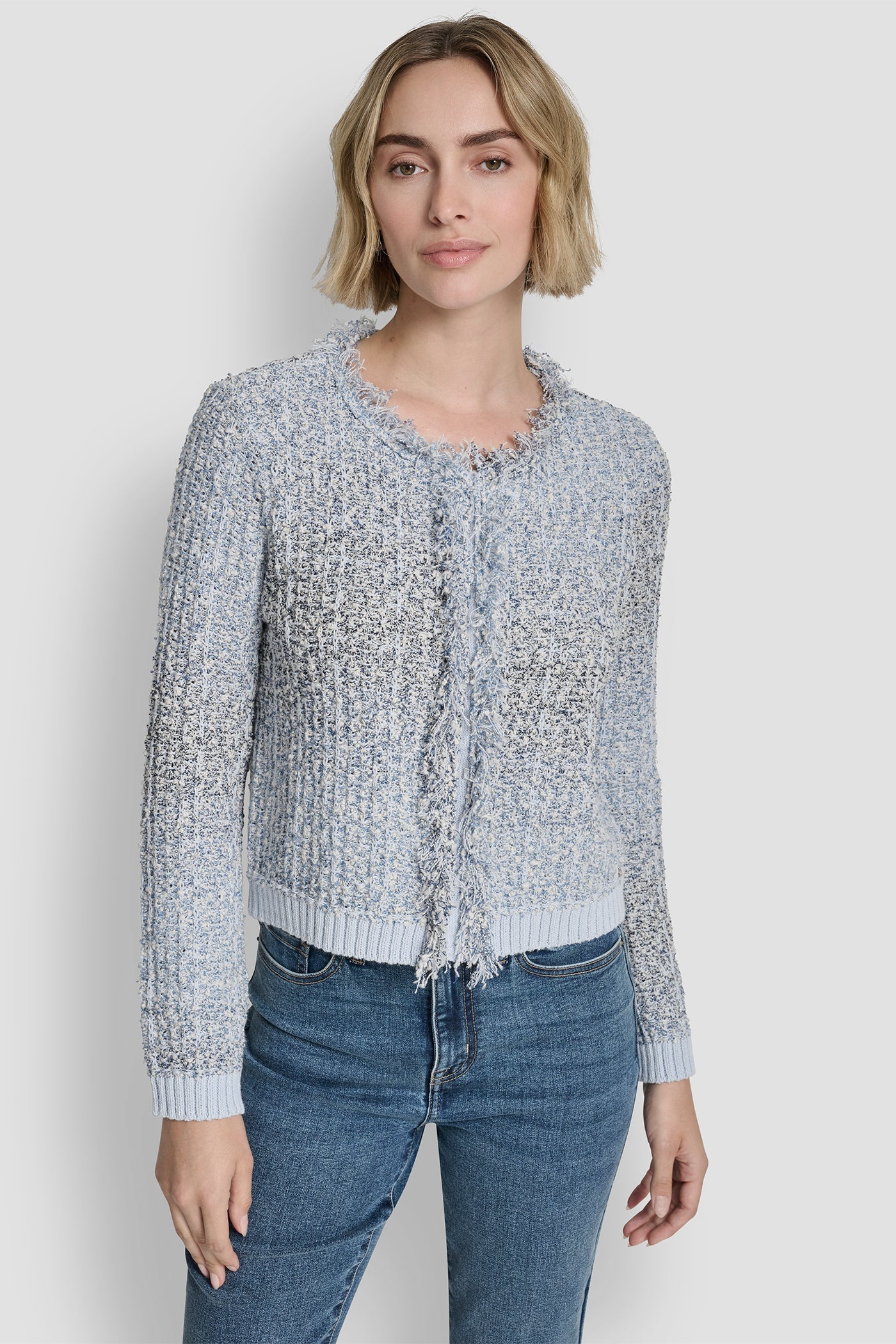 ZIP FRONT TWEED FRINGE SWEATER JACKET