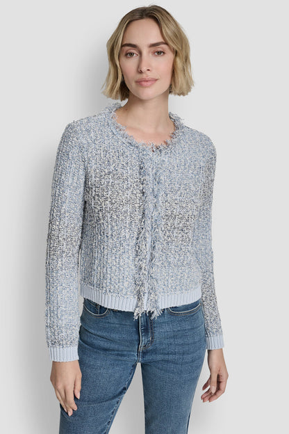 ZIP FRONT TWEED FRINGE SWEATER JACKET