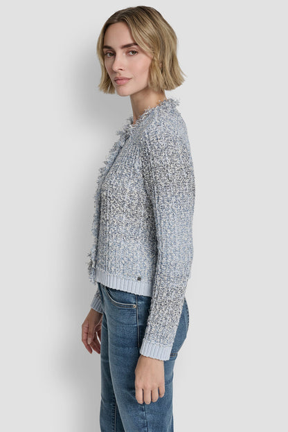 ZIP FRONT TWEED FRINGE SWEATER JACKET