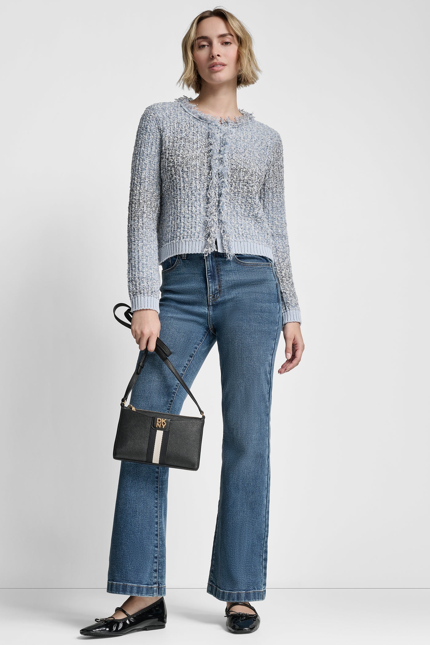 ZIP FRONT TWEED FRINGE SWEATER JACKET