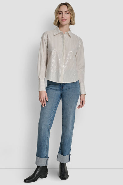 POPLIN BUTTON FRONT SHIRT WITH SEQUINS