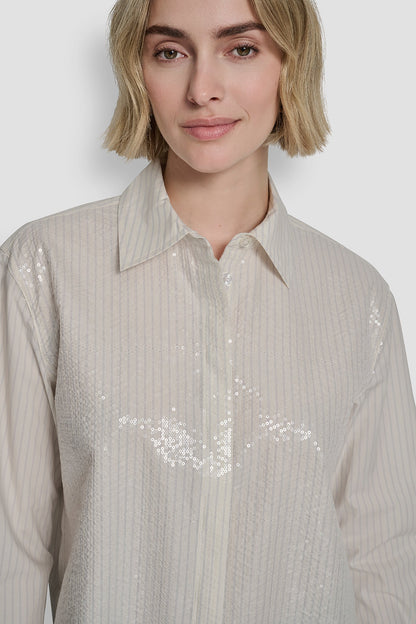 POPLIN BUTTON FRONT SHIRT WITH SEQUINS