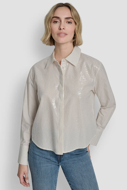 POPLIN BUTTON FRONT SHIRT WITH SEQUINS