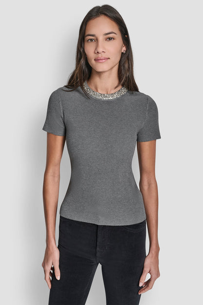SWEATER WITH EMBELLISHED NECKLINE