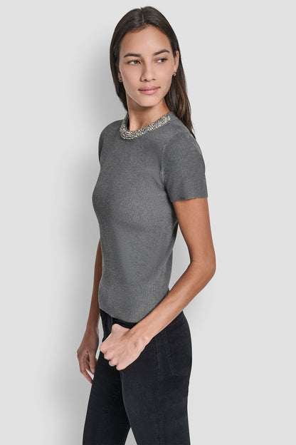 SWEATER WITH EMBELLISHED NECKLINE