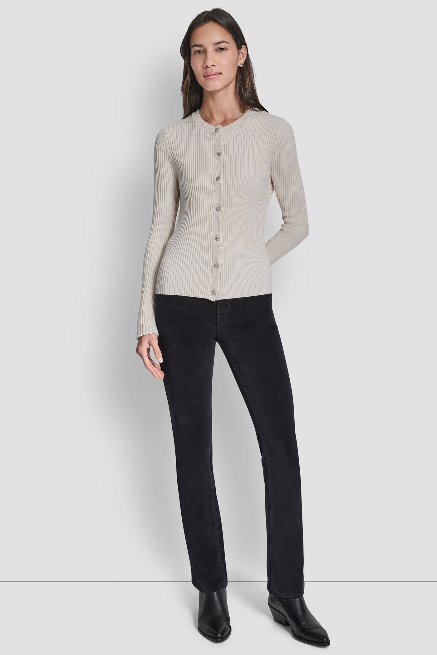 FLARE SLEEVE CARDIGAN WITH RHINESTONE BUTTON