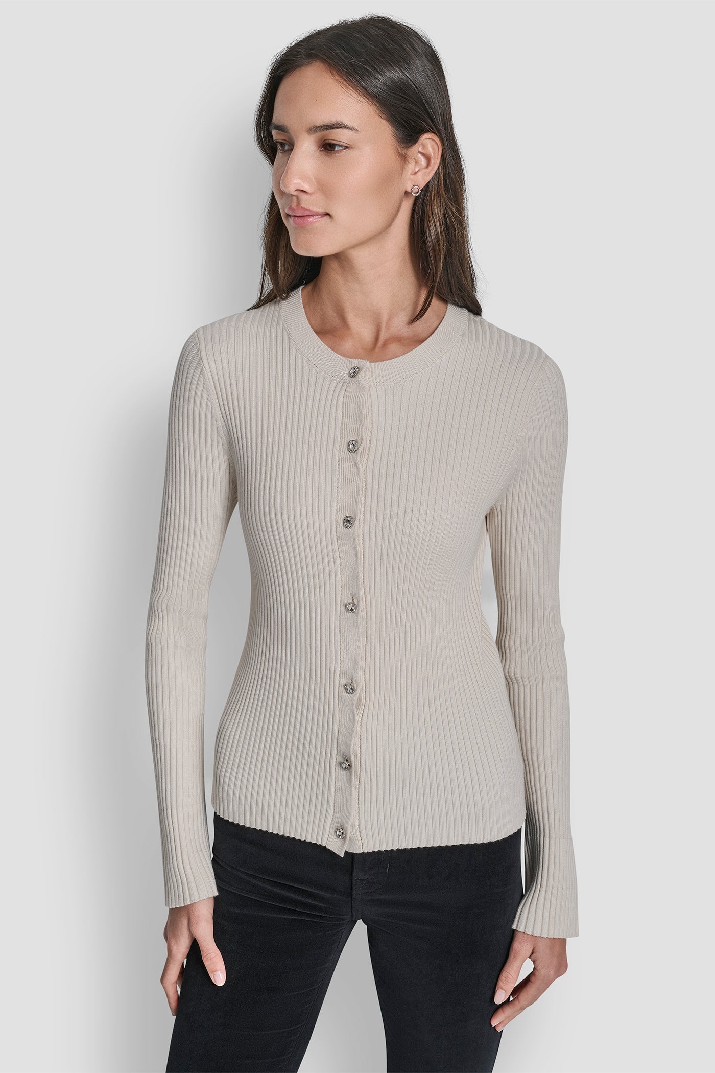 FLARE SLEEVE CARDIGAN WITH RHINESTONE BUTTON