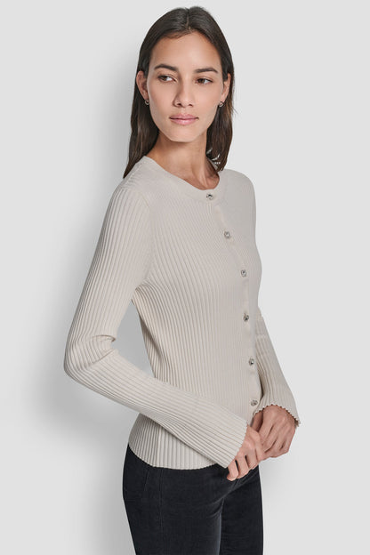 FLARE SLEEVE CARDIGAN WITH RHINESTONE BUTTON