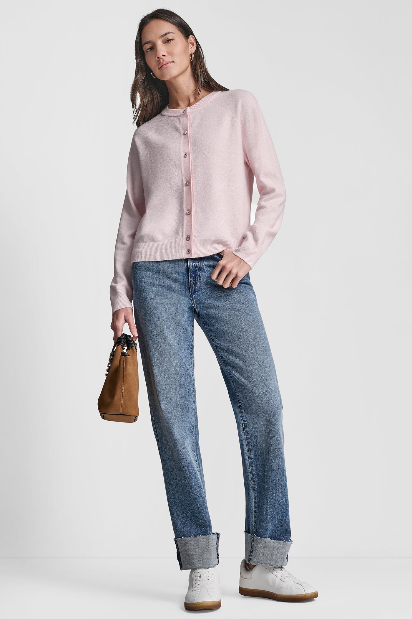 LONG BLOUSON SLEEVE CARDIGAN WITH RHINESTONE BUTTONS