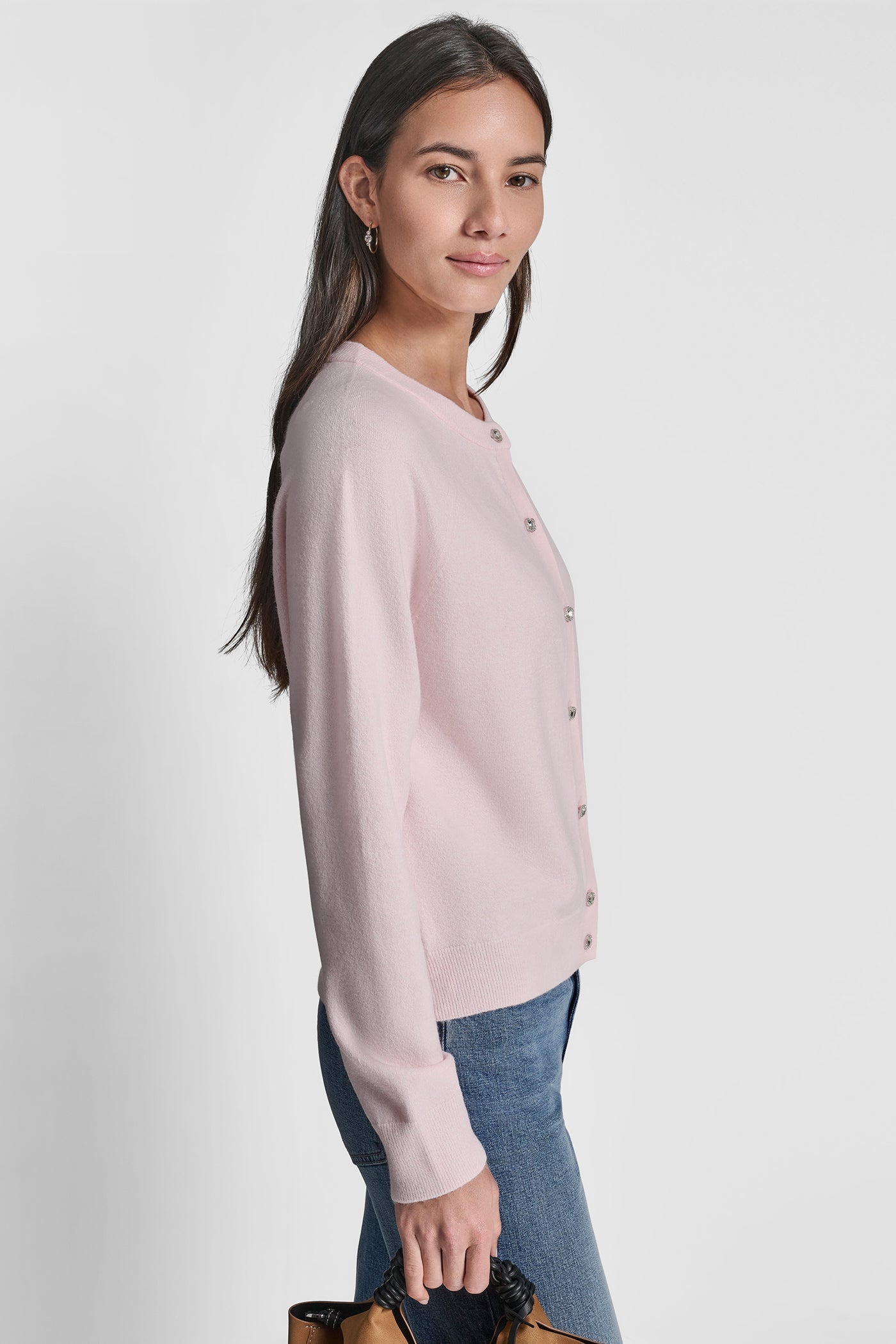 LONG BLOUSON SLEEVE CARDIGAN WITH RHINESTONE BUTTONS