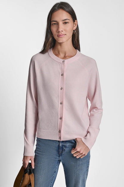 LONG BLOUSON SLEEVE CARDIGAN WITH RHINESTONE BUTTONS