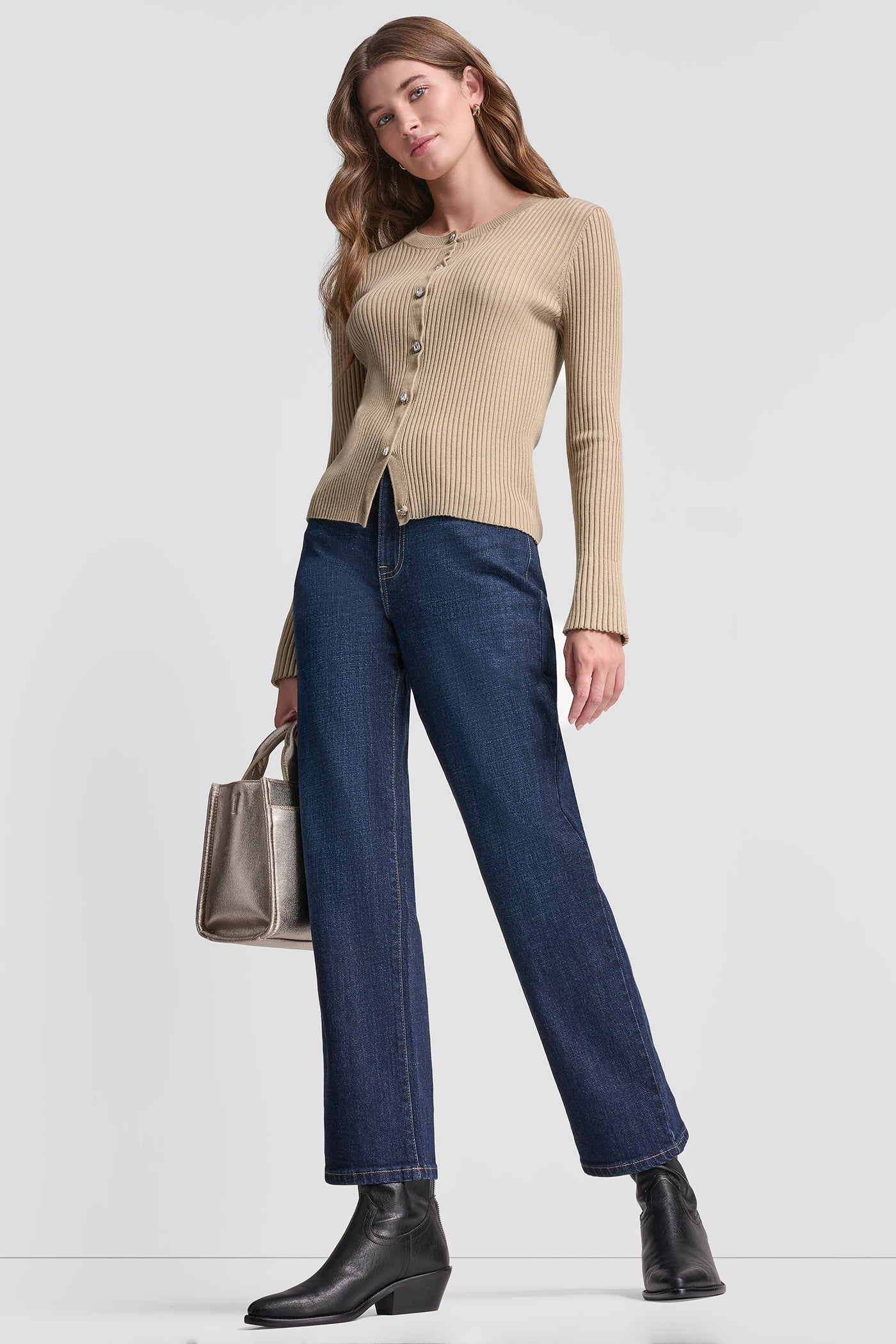 FLARE SLEEVE CARDIGAN WITH RHINESTONE BUTTON