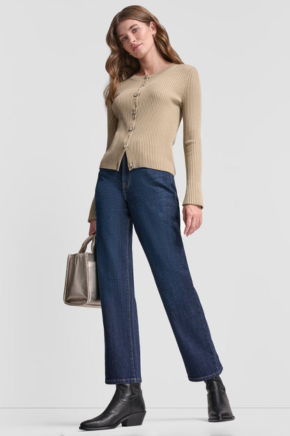 FLARE SLEEVE CARDIGAN WITH RHINESTONE BUTTON