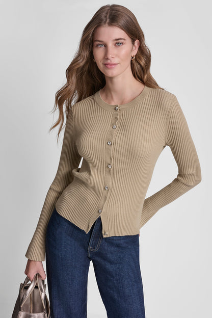 FLARE SLEEVE CARDIGAN WITH RHINESTONE BUTTON